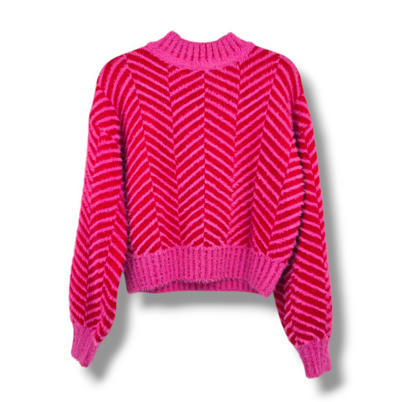 Sugar + Lips Women's Chevron Fuzzy Cropped Mock Neck Sweater Pink Size Small - Picture 2 of 11